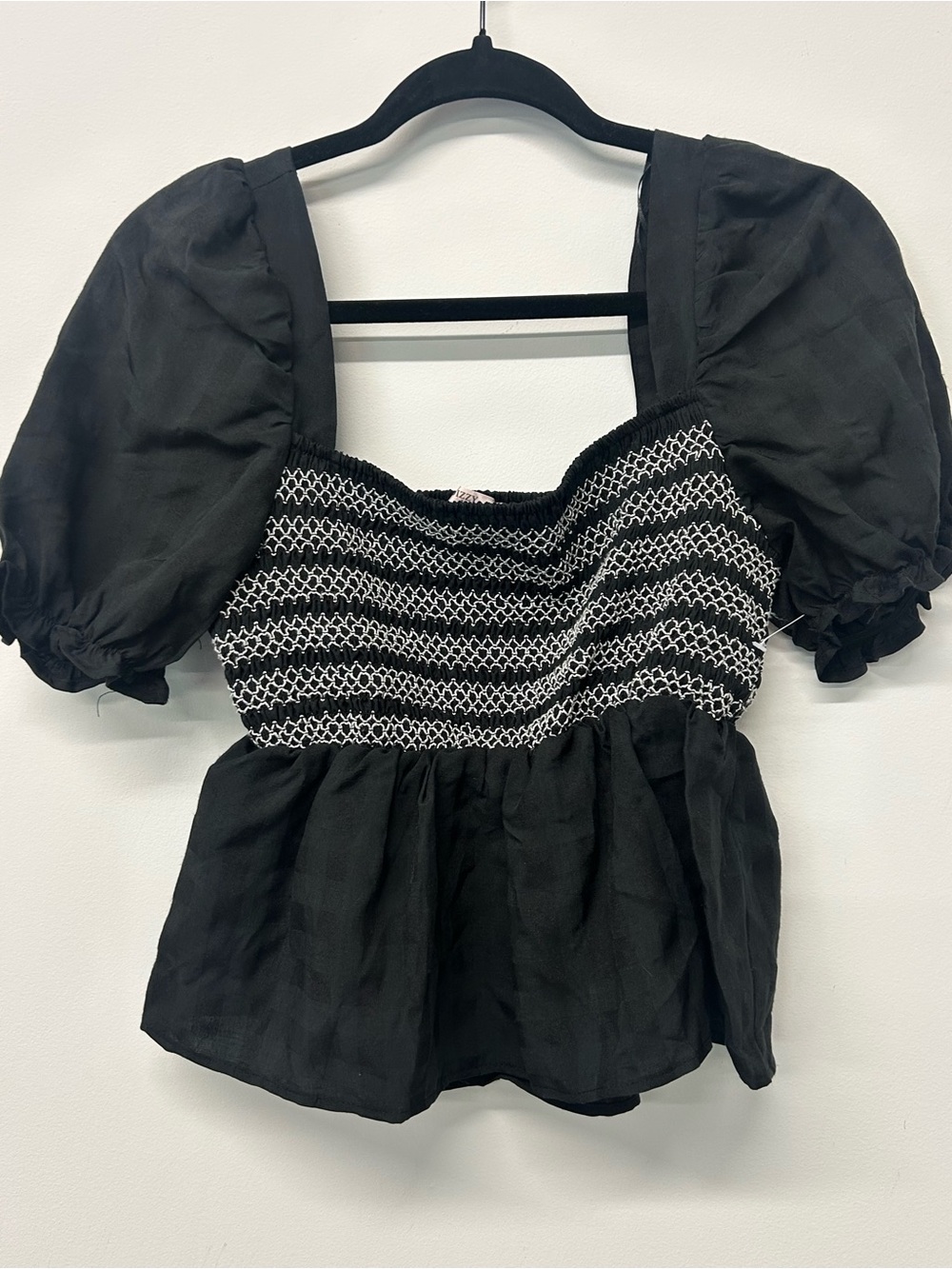 Black Smocked Peplum Puff Sleeve Blouse